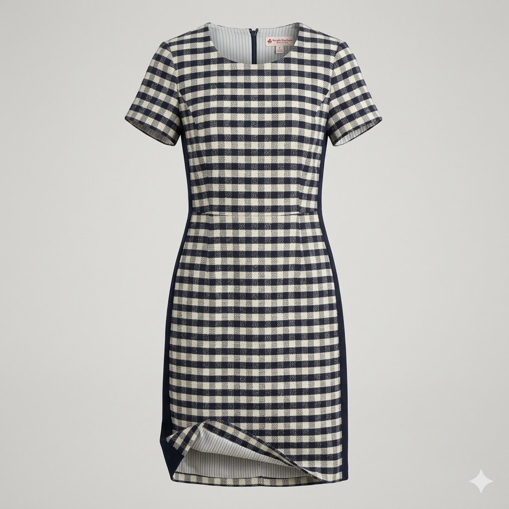 Brooks Brothers Red Fleece Gingham Tweed Sheath Dress Navy Cream Sz 2 Lined